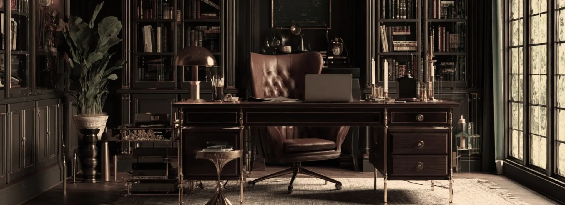 Classic study with leather chair, brass desk lamp and bookshelves