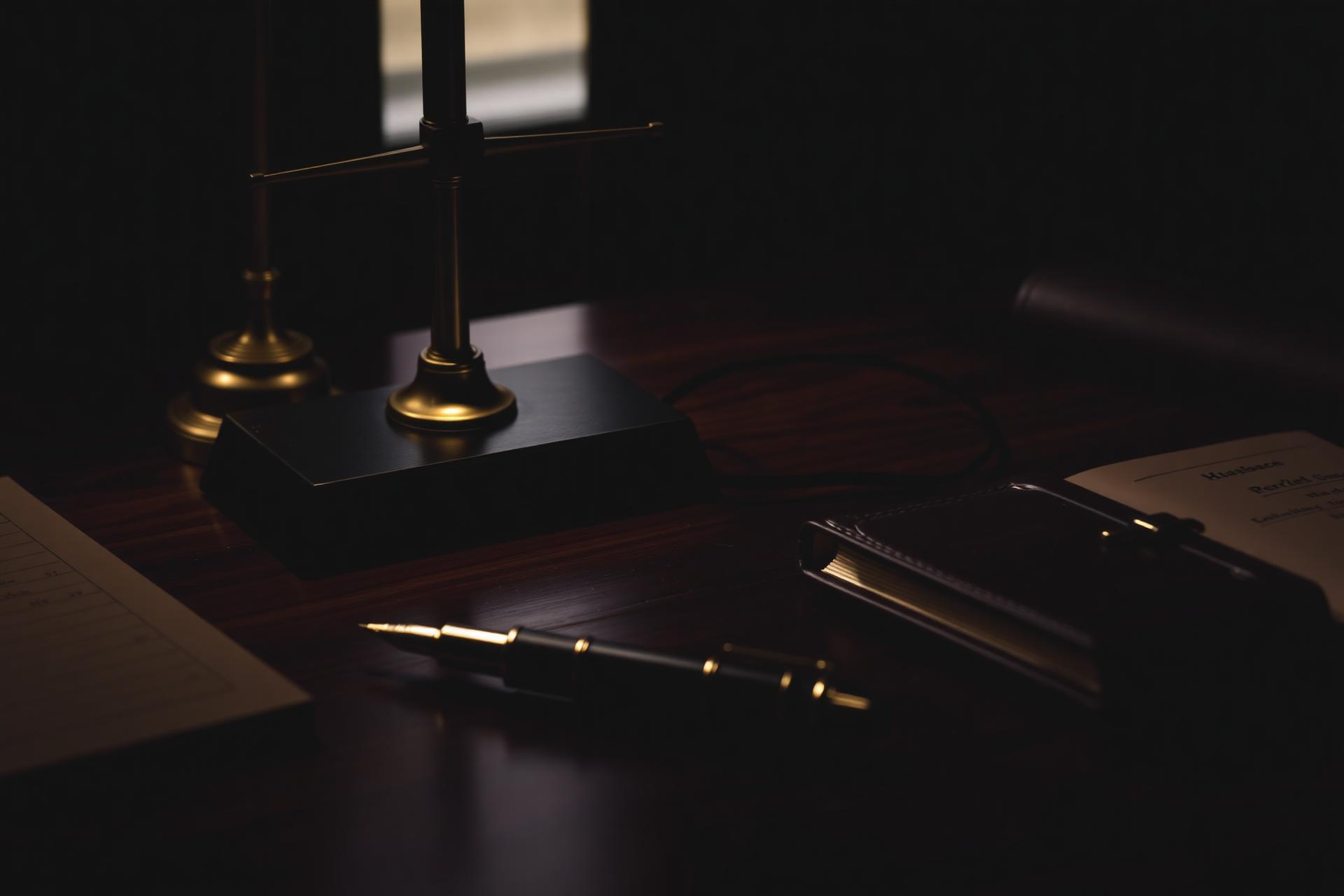 Brass balance scale on a dark walnut desk with a fountain pen and ledger